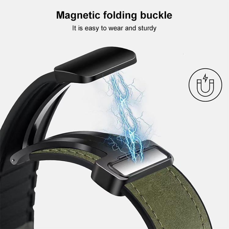 xDfind watch band close-up showing the magnetic folding buckle and olive green lining