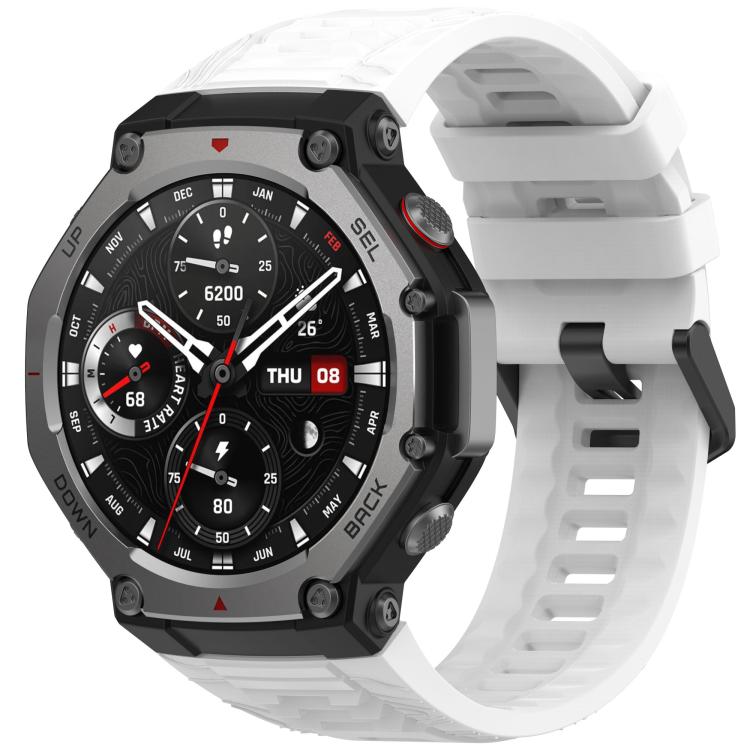 Amazfit T-Rex 3 with white silicone band and black buckle