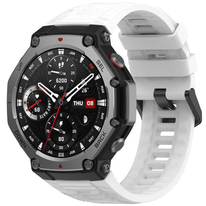 Amazfit T-Rex 3 with white silicone band and black buckle