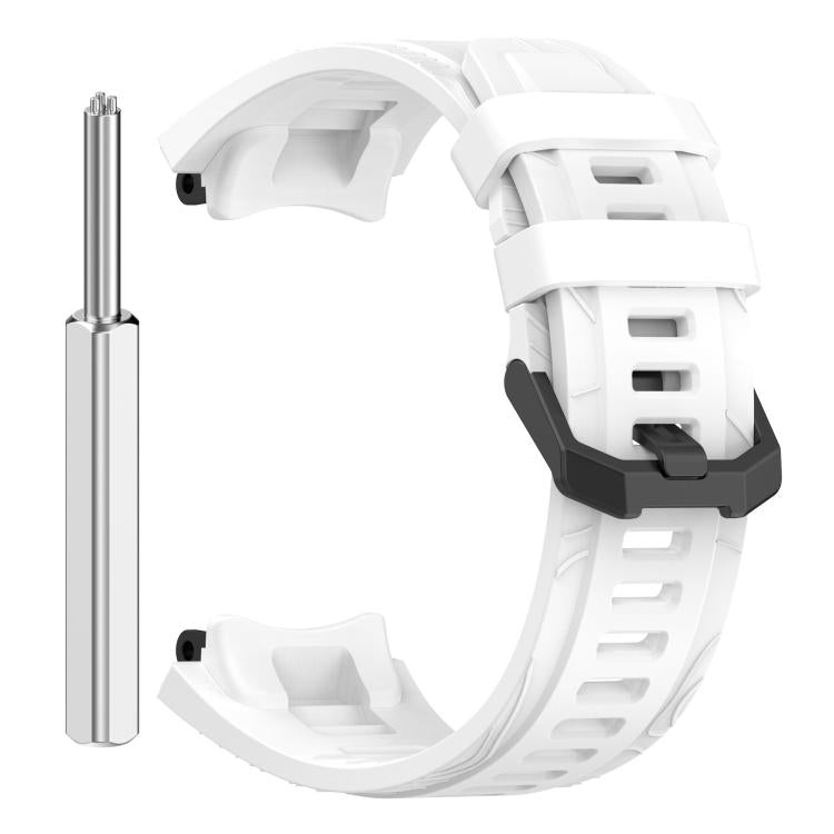 White silicone watch band with black buckle and a metal spring bar