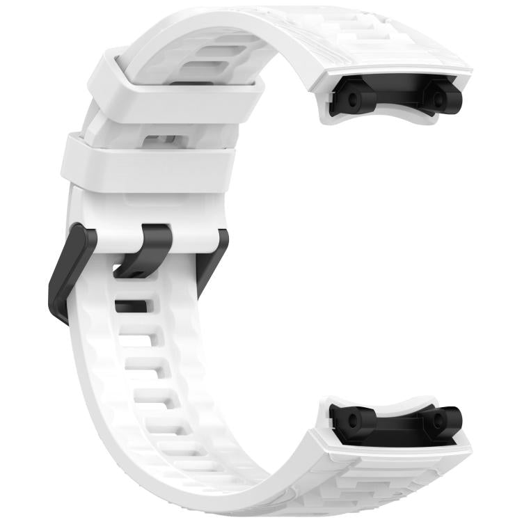 White silicone watch band with black buckle and slotted strap