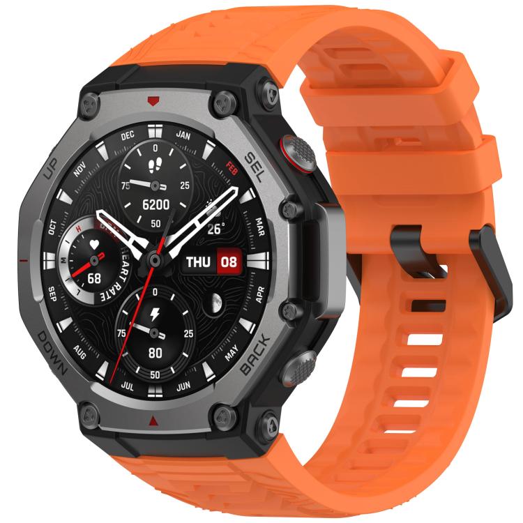 Amazfit T-Rex 3 with bright orange silicone band and black buckle