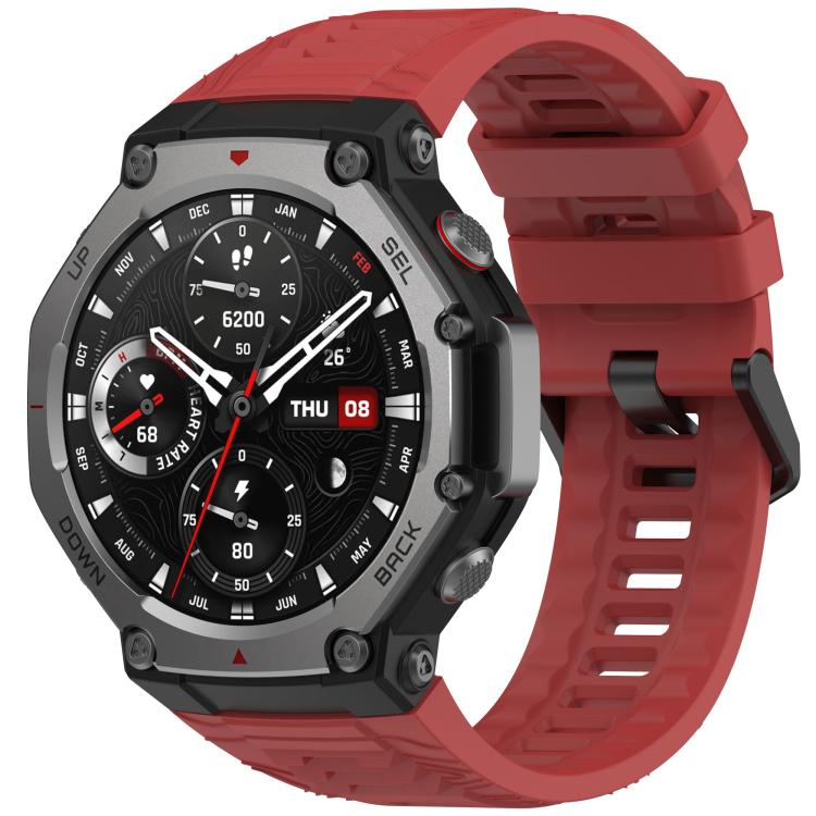 Amazfit T-Rex 3 with red silicone band and black buckle