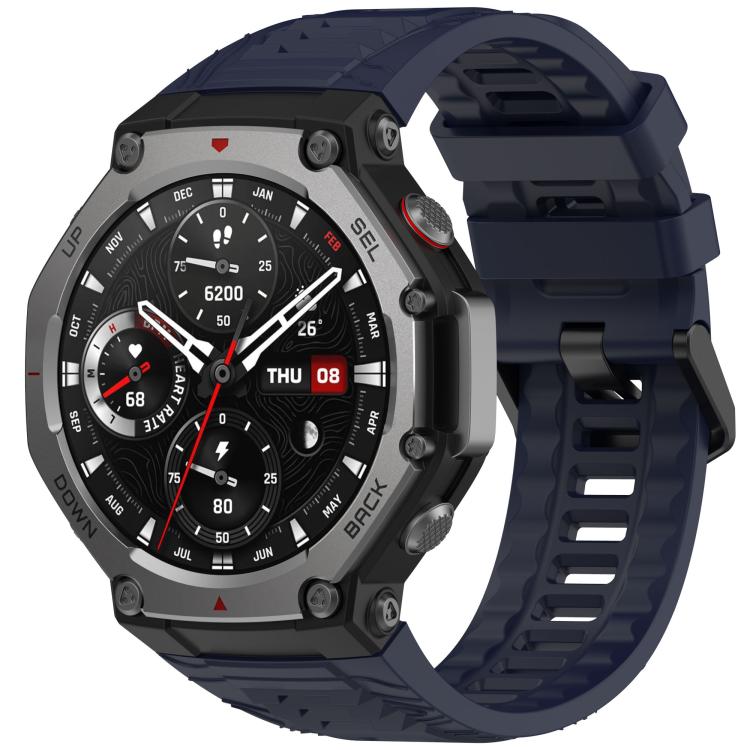 Amazfit T-Rex 3 with dark blue silicone band and black buckle