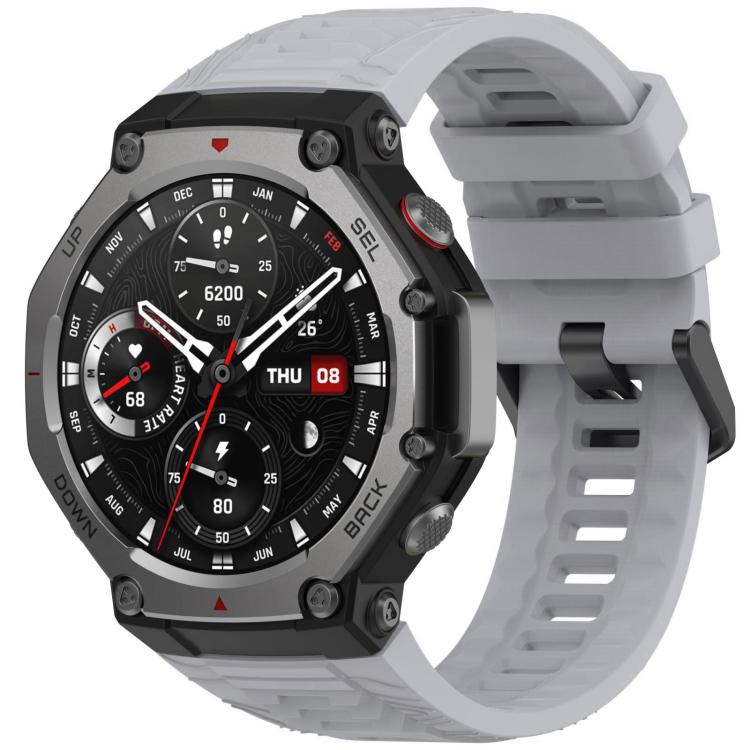 Light gray silicone watch band fitted to a rugged smartwatch, with a black buckle.