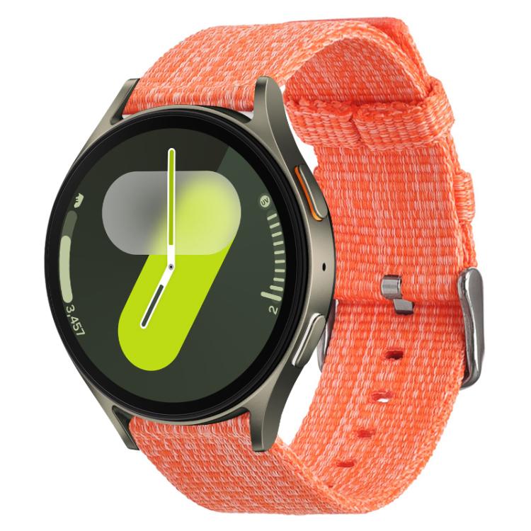 Orange nylon canvas watch band with a metal buckle on a smartwatch