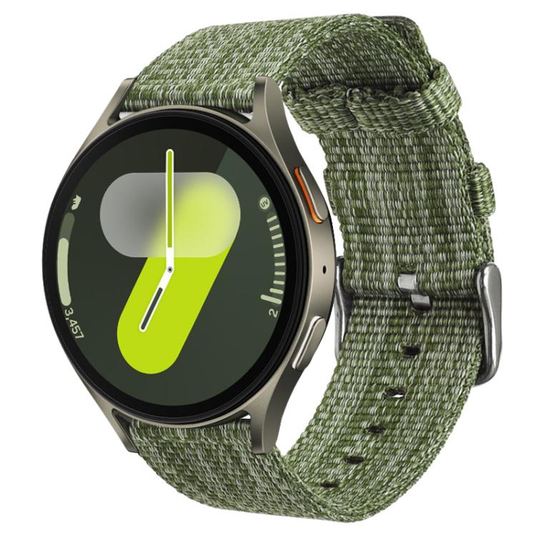 Army green nylon canvas watch band with a metal buckle on a smartwatch