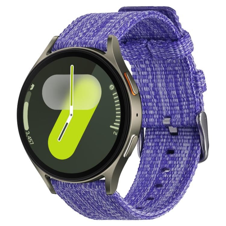 Purple nylon canvas watch band with a metal buckle on a smartwatch