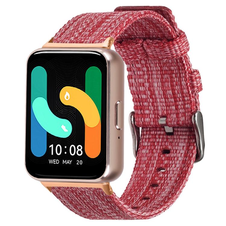Red woven nylon watch band with metal buckle, shown on a smartwatch