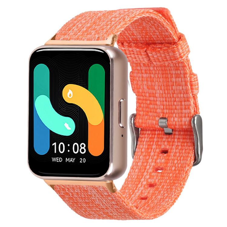 Orange woven nylon watch band with metal buckle, shown on a smartwatch