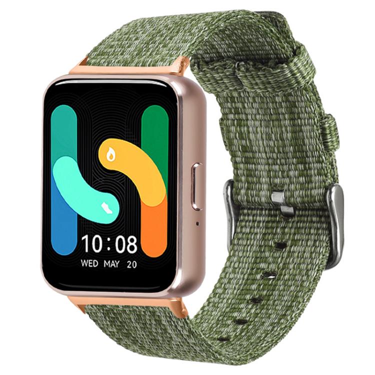 Olive green woven nylon watch band with metal buckle, shown on a smartwatch