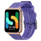 Purple woven nylon watch band with metal buckle, shown on a smartwatch