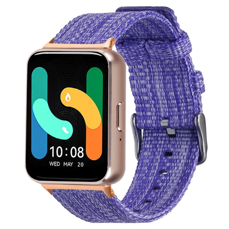 Purple woven nylon watch band with metal buckle, shown on a smartwatch