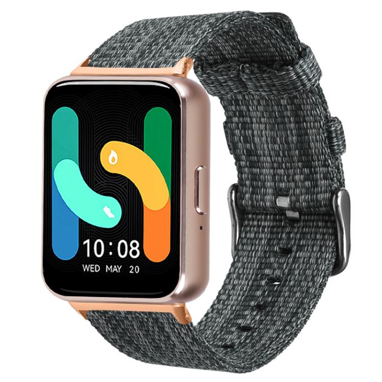 Dark gray woven nylon watch band with metal buckle, shown on a smartwatch