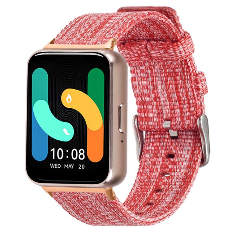 Red woven nylon watch band with metal buckle, shown on a smartwatch