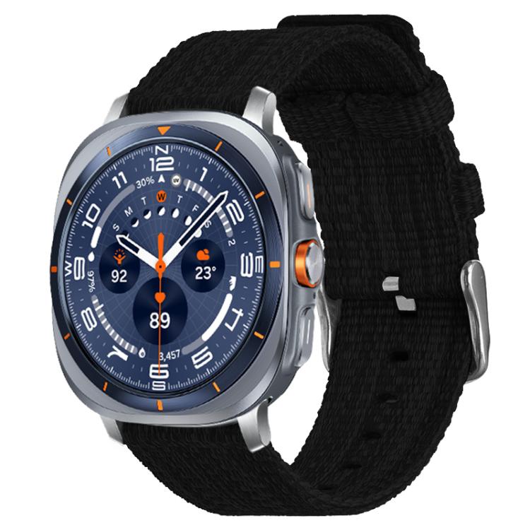 Black nylon canvas watch band with a metal buckle on a smartwatch