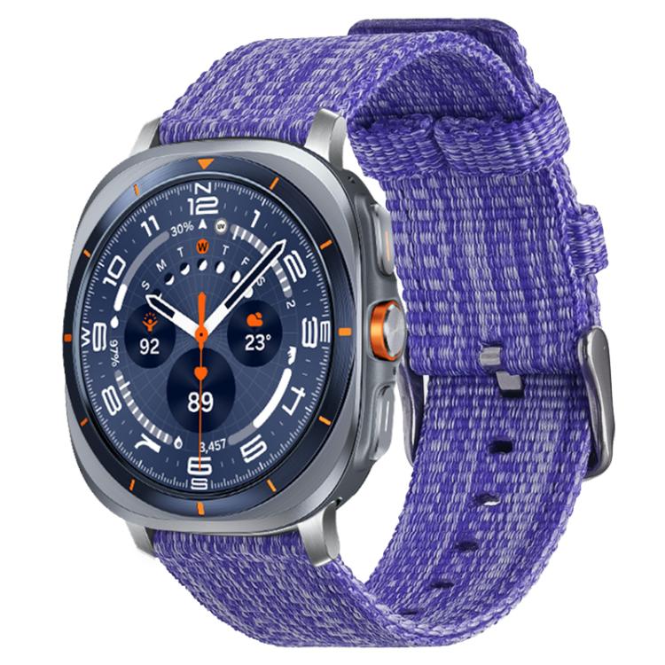 Dark purple nylon canvas watch band fitted to a silver smartwatch