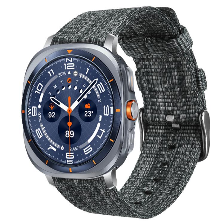 Dark gray nylon canvas watch band fitted to a silver smartwatch