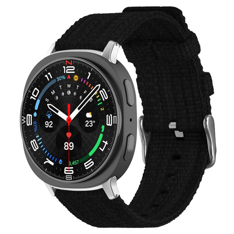Black nylon canvas watch band fitted to a dark smartwatch