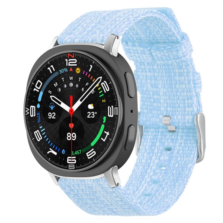 Sky blue nylon canvas watch band on a dark smartwatch