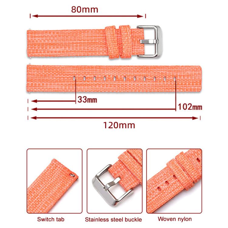 Orange woven nylon watch band with buckle, length measurements and close-up details