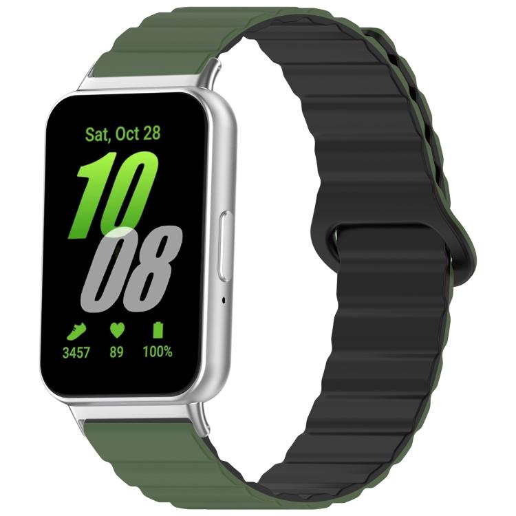 xDfind magnetic silicone watch band in dark green and black, shown on a rectangular smartwatch
