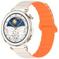 Two-tone glossy silicone watch band in white and orange, shown on a smartwatch.