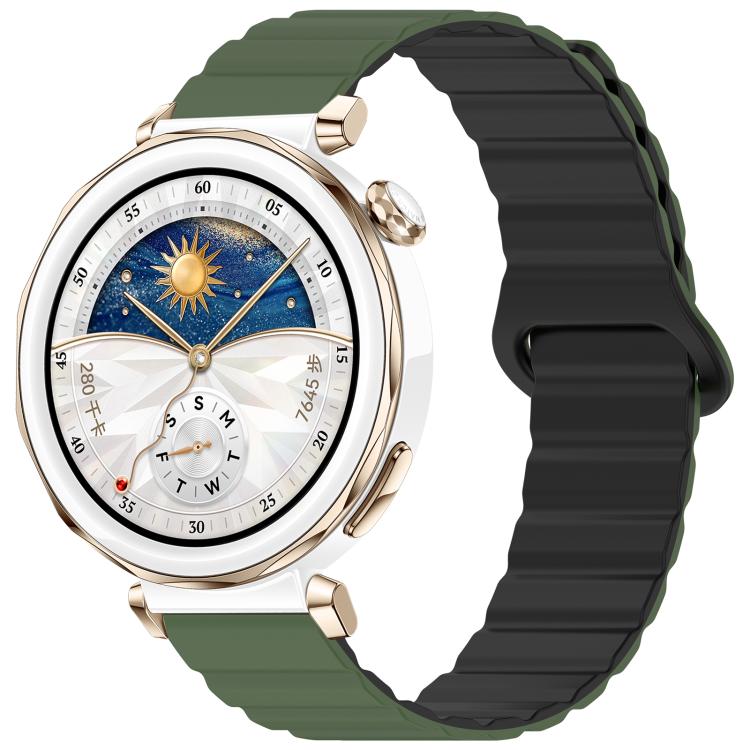 Two-tone glossy silicone watch band in army green and black, shown on a smartwatch.