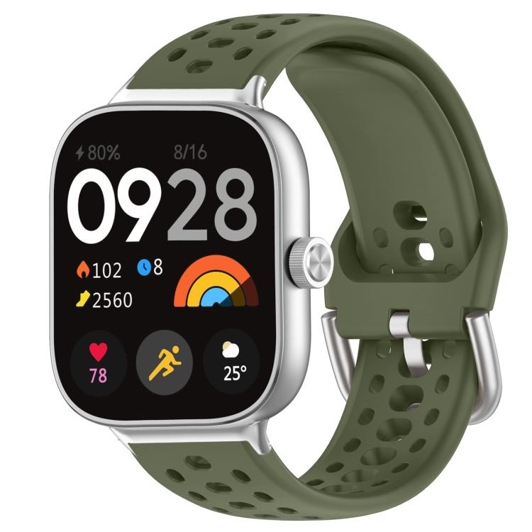 Army green perforated silicone sport watch band with silver buckle on a smartwatch