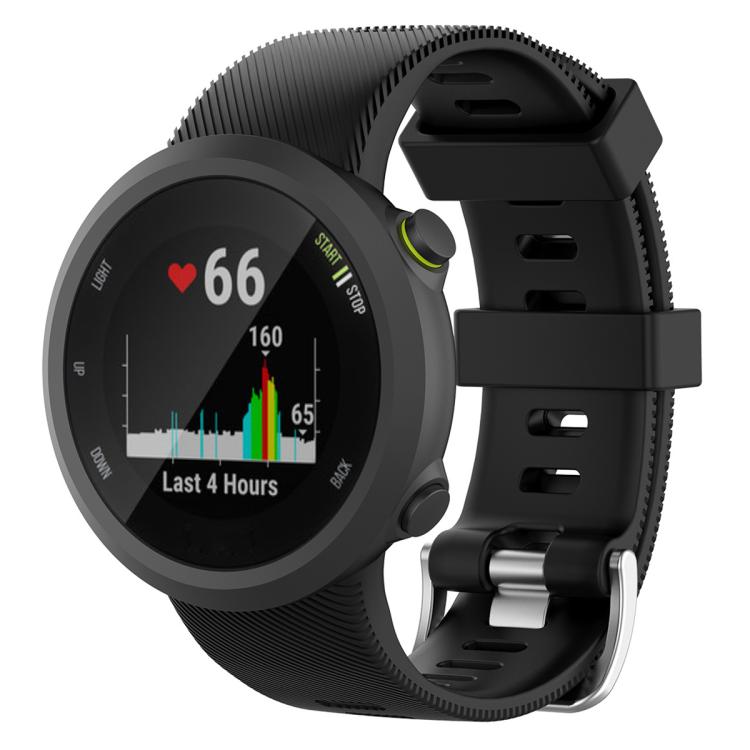 Black silicone watch band attached to a round sports watch, shown from the front.