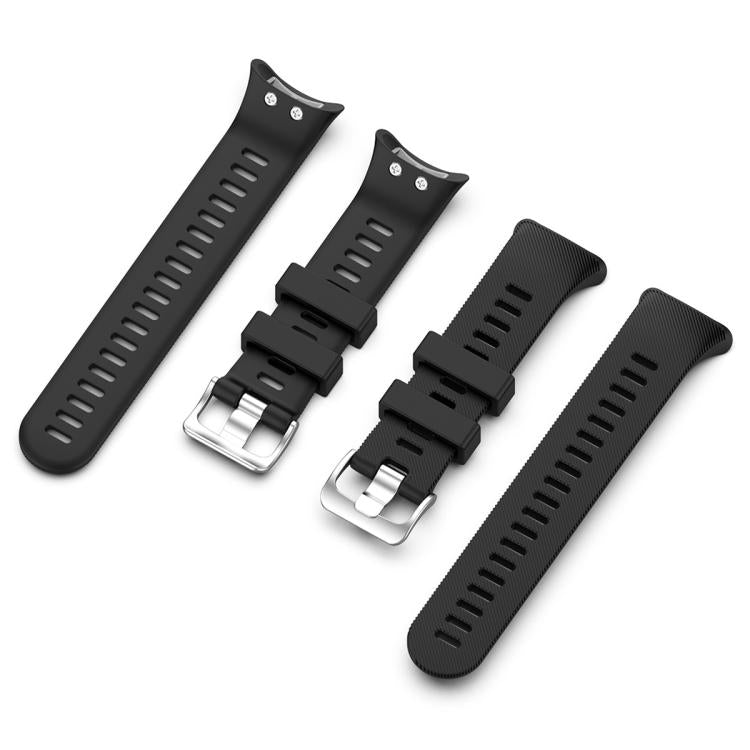 Four black silicone replacement watch band pieces with adjustment holes and metal buckles.