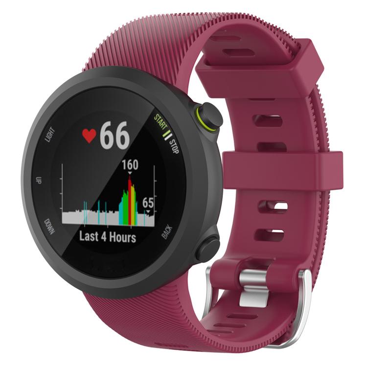 Wine red silicone watch band with ribbed texture, shown attached to a round watch.