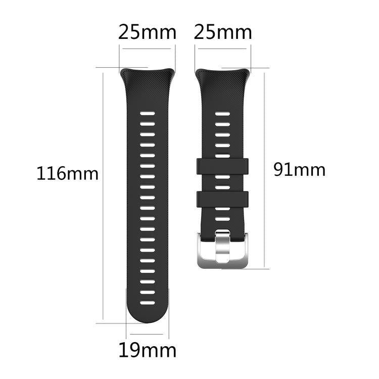 Black silicone watch band in two pieces, with sizing marked 25 mm wide.