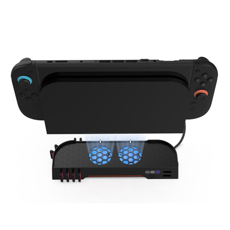 Black cooling dock charging base showing two blue fan grilles and bottom ports