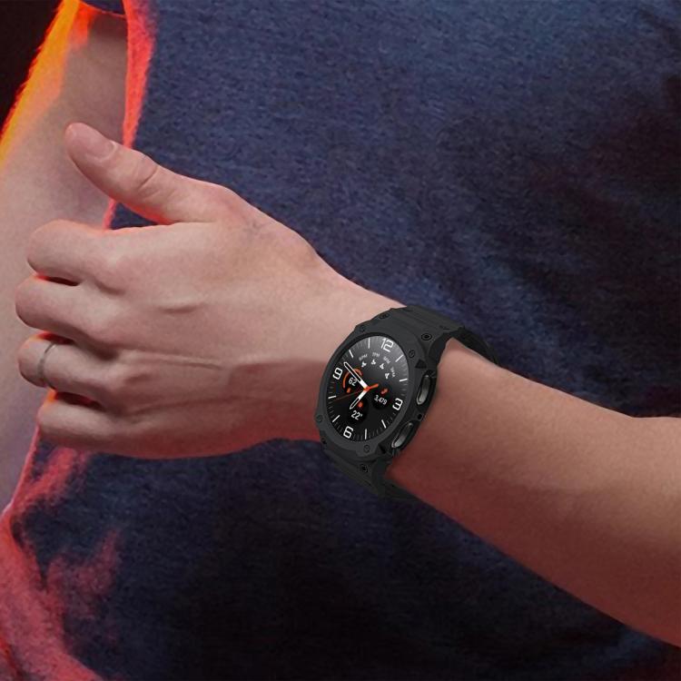 Black integrated TPU watch band and protective case worn on a wrist