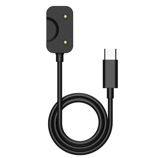 Black USB-C smartwatch charging cable with a coiled cord and two-pin magnetic charging head.