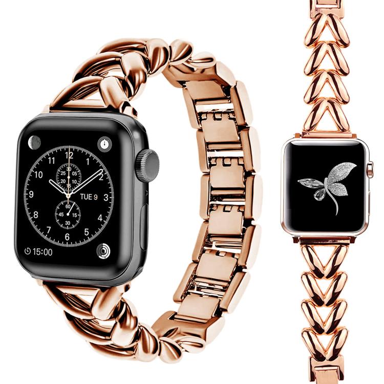 Rose gold V-shaped metal Apple Watch band shown attached to a watch and as a loose band.