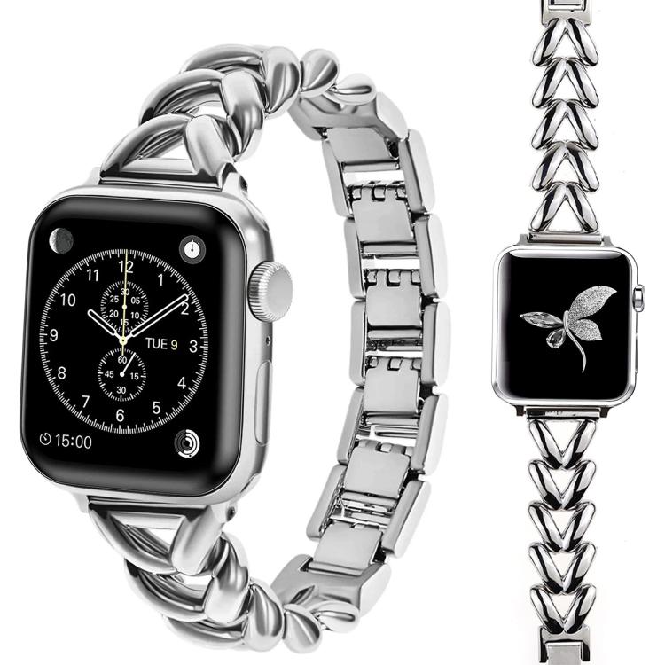 Silver V-shaped metal Apple Watch band shown attached to a watch and as a loose band.
