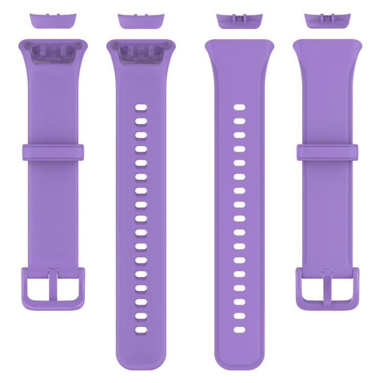 Lilac TPU sport watch band parts laid out, showing straps, buckle and adjustment holes