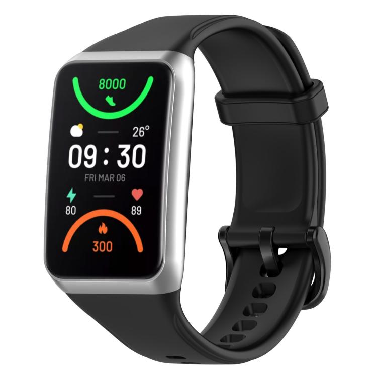Black TPU sport watch band fitted to a rectangular smartwatch