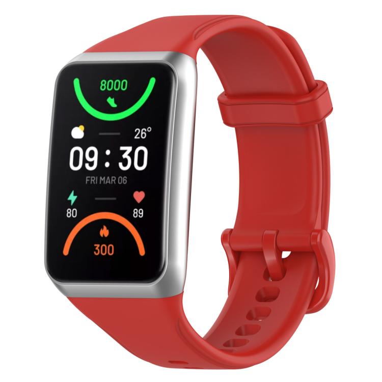 Red TPU sport watch band fitted to a rectangular smartwatch