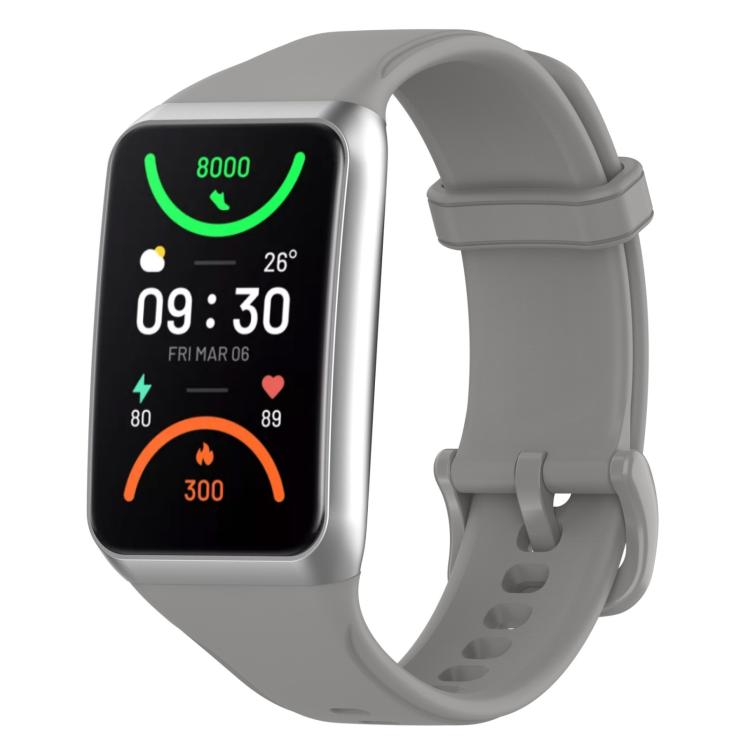 Gray TPU sport watch band fitted to a rectangular smartwatch