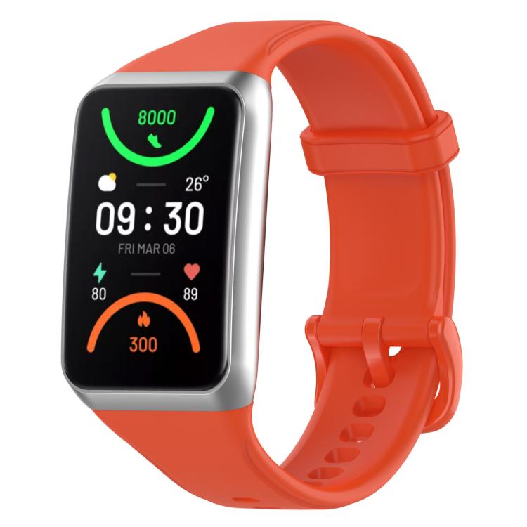 Orange TPU sport watch band fitted to a rectangular smartwatch