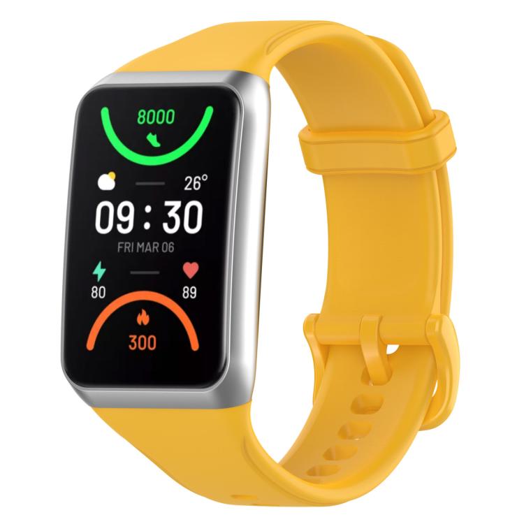 Yellow TPU sport watch band with a rectangular smartwatch face and adjustable buckle.