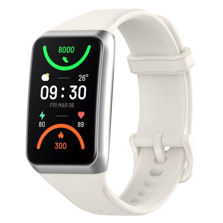 White TPU sport watch band with a rectangular smartwatch face and adjustable buckle.