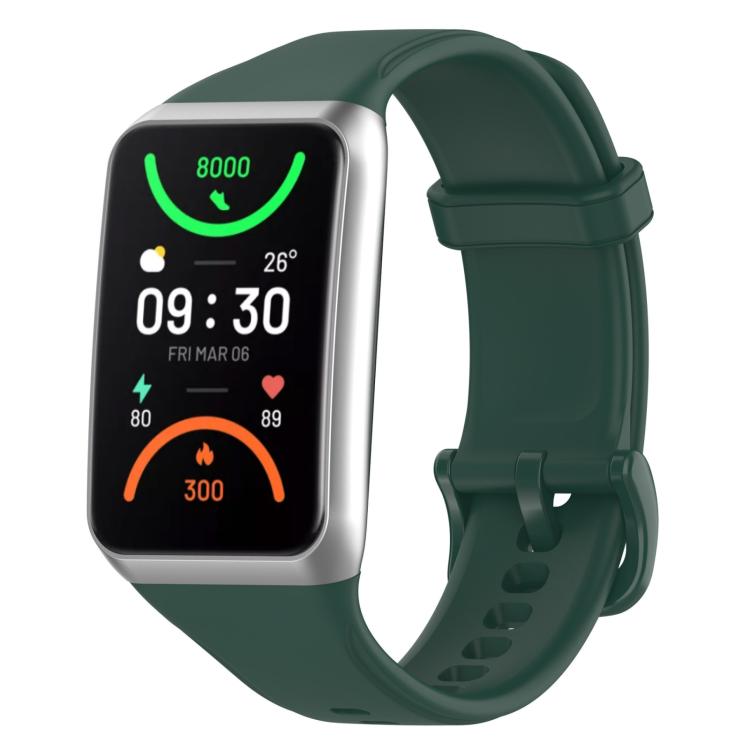 Dark green TPU sport watch band with a rectangular smartwatch face and adjustable buckle.