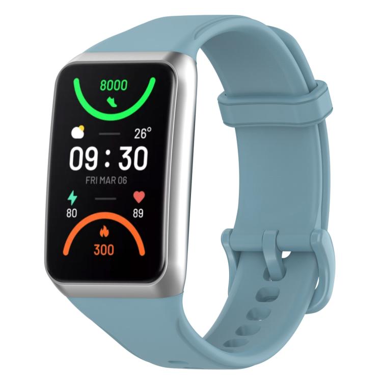 Blue TPU sport watch band fitted to a rectangular smartwatch