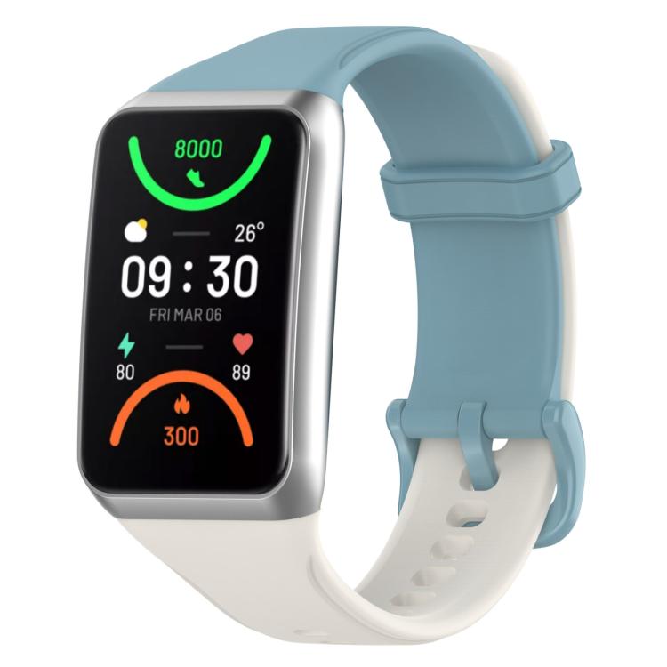 Blue and white TPU sport watch band with a rectangular smartwatch face.