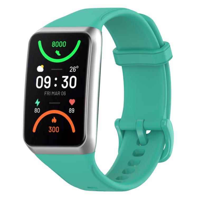 Teal TPU sport watch band with a rectangular smartwatch face and adjustable buckle.