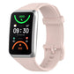 Pale pink TPU sport watch band with a rectangular smartwatch face and adjustable buckle.